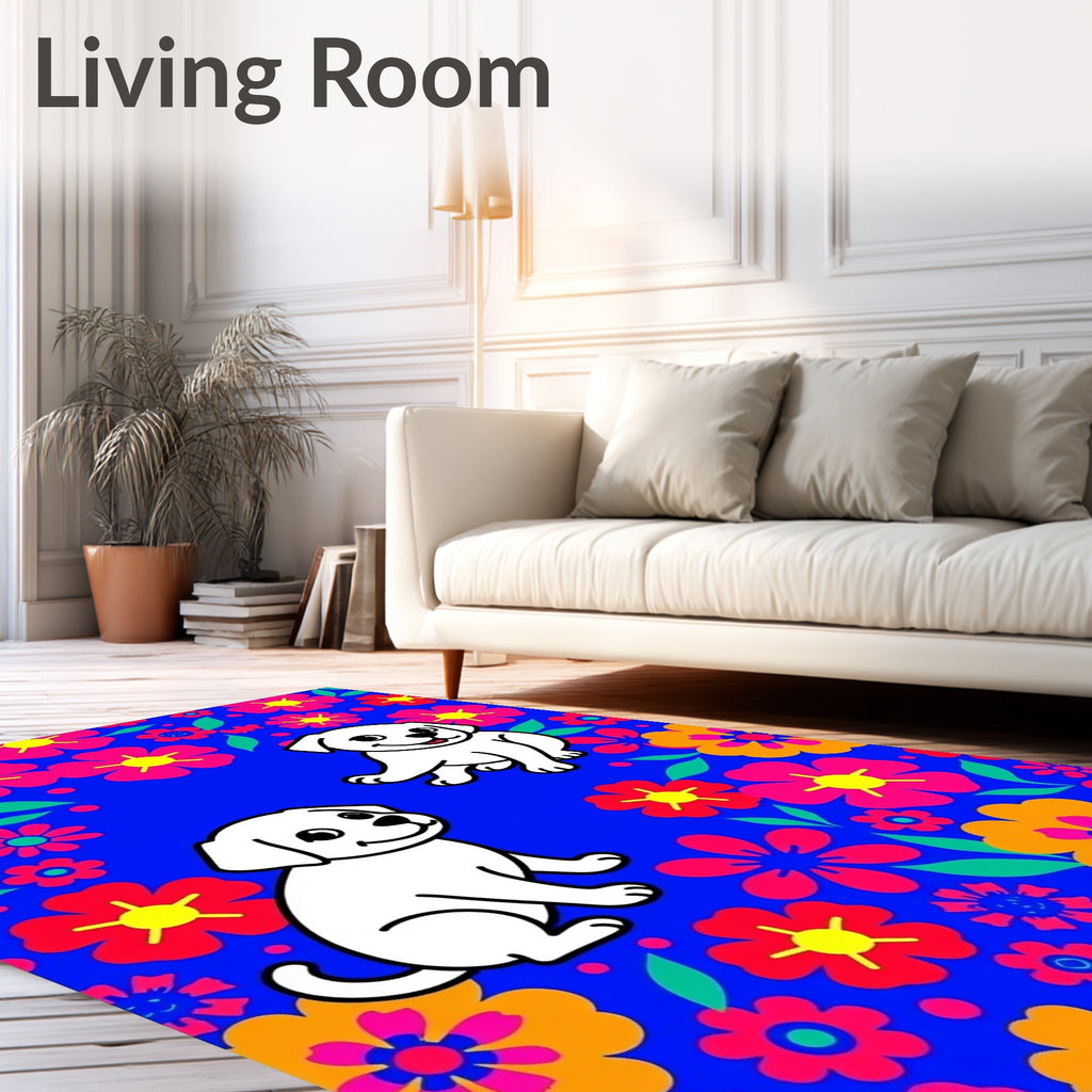 Cute Puppies Among Bright Floral Bloom Rug