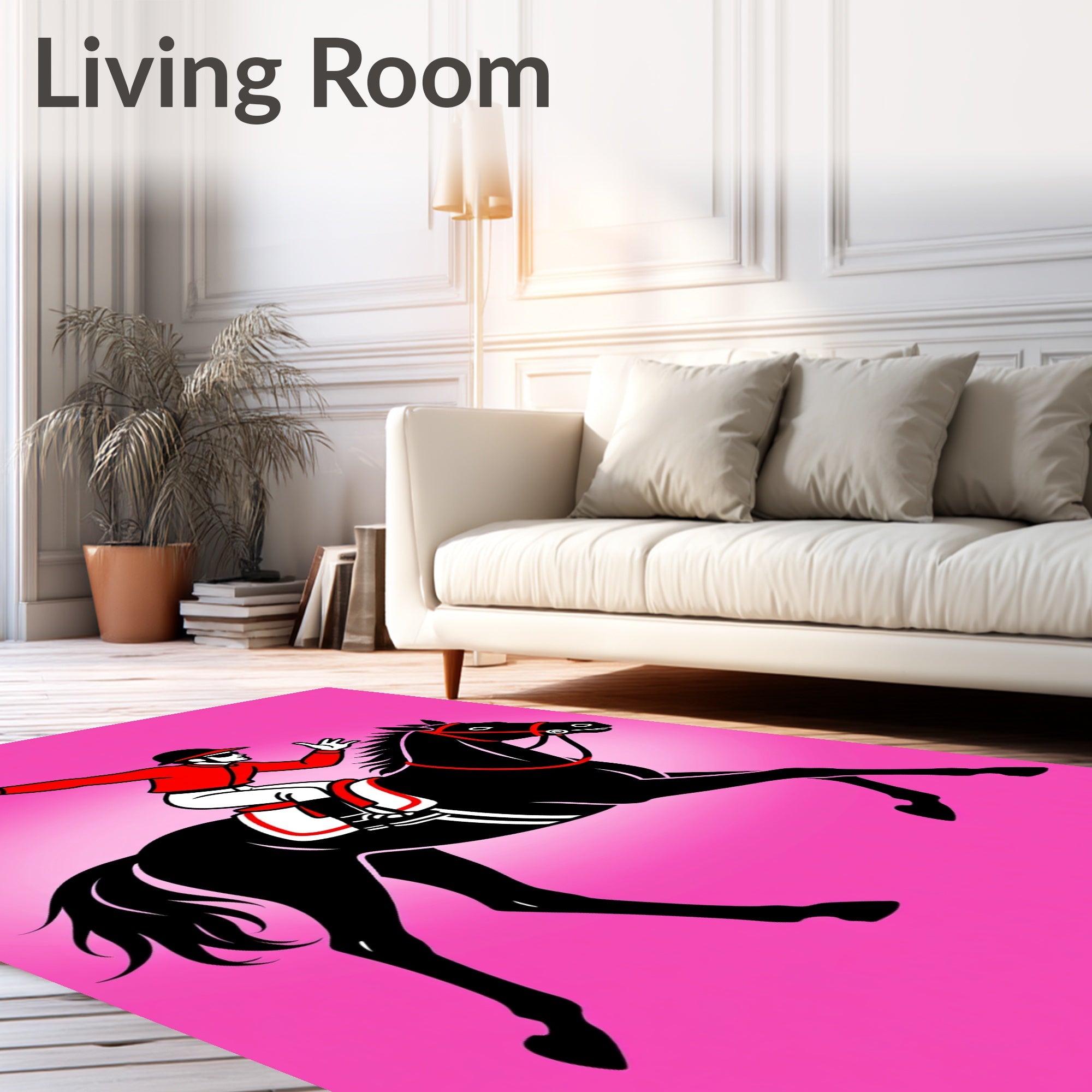 Jockey Riding Black Horse Pink Background Rug
