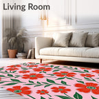 Red Floral Branches Pink Background Rug