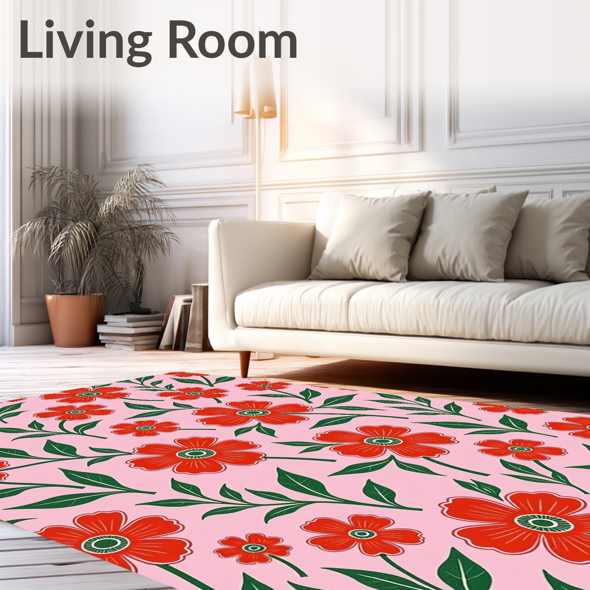 Red Floral Branches Pink Background Rug