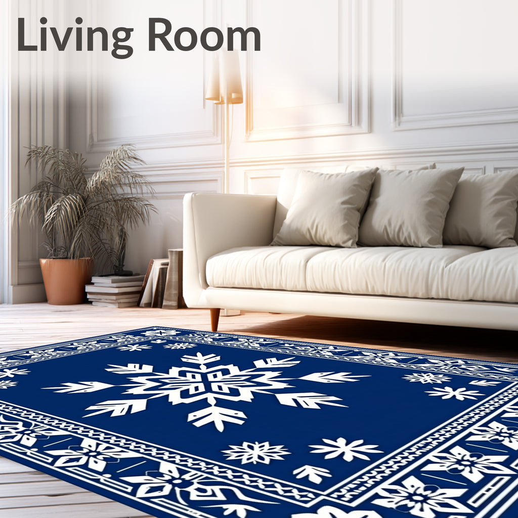 Royal Blue White Snowflake Border Rug