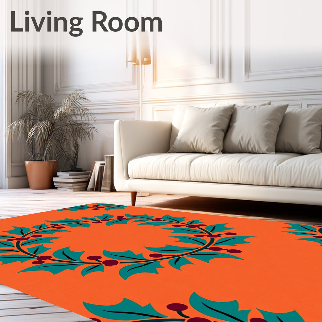 Bold Teal Holly Berry Wreath Orange Rug