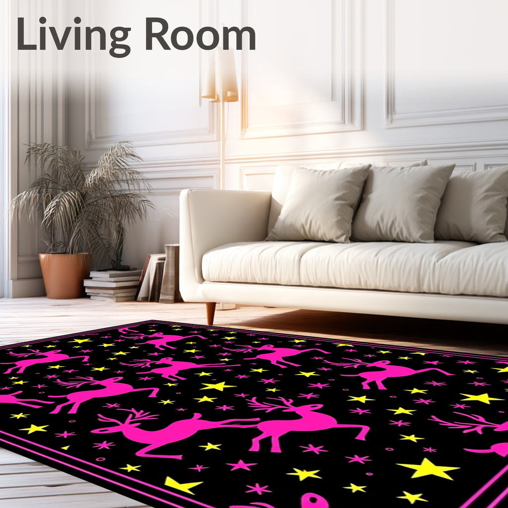 Vibrant Pink Reindeer Yellow Star Night Rug