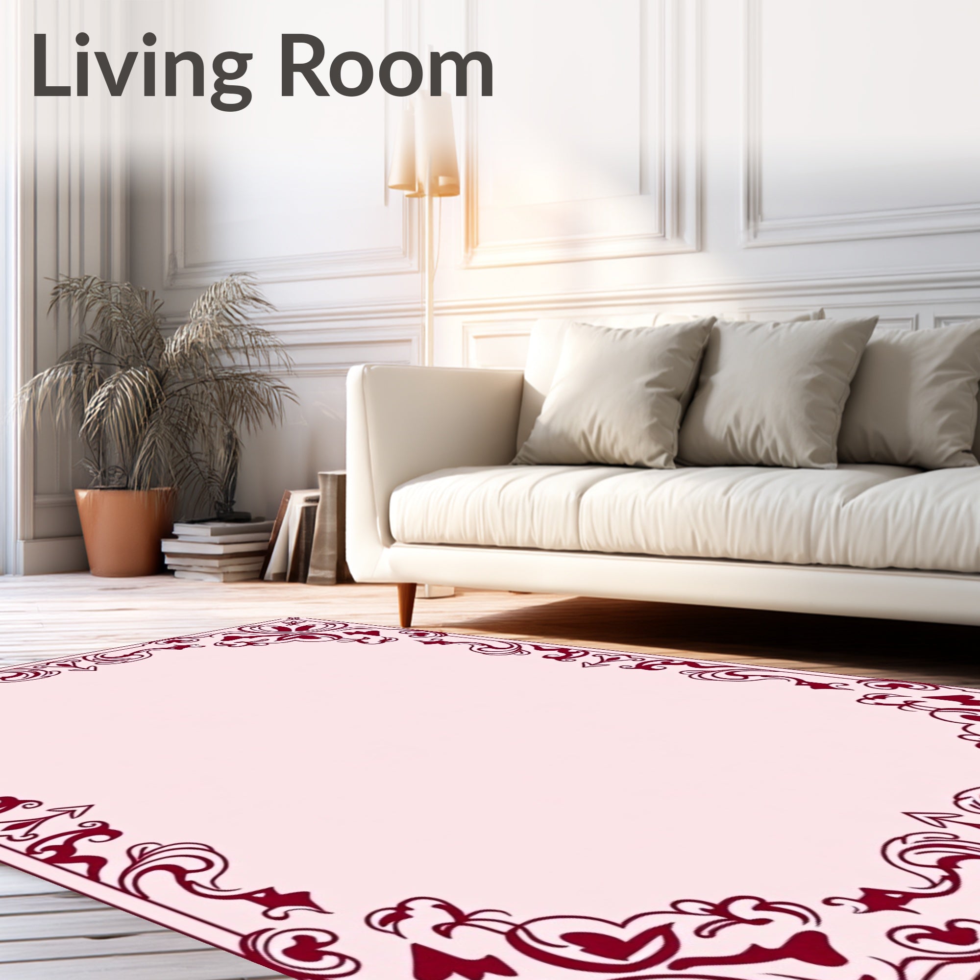 Dark Red Elegant Floral Scroll Border Rug