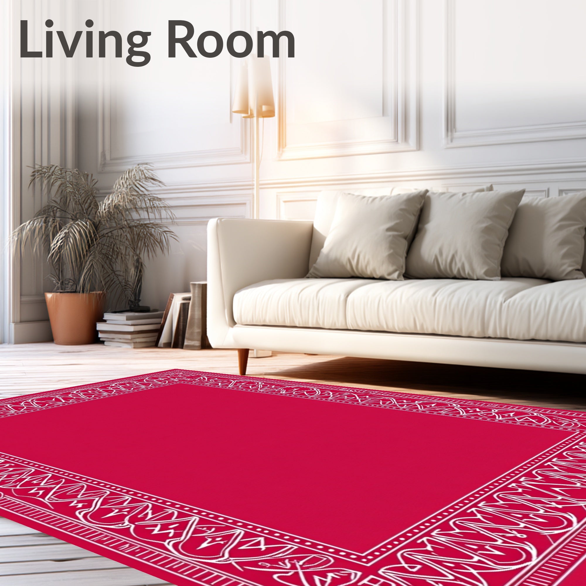 Vibrant Crimson White Ornate Border Rug