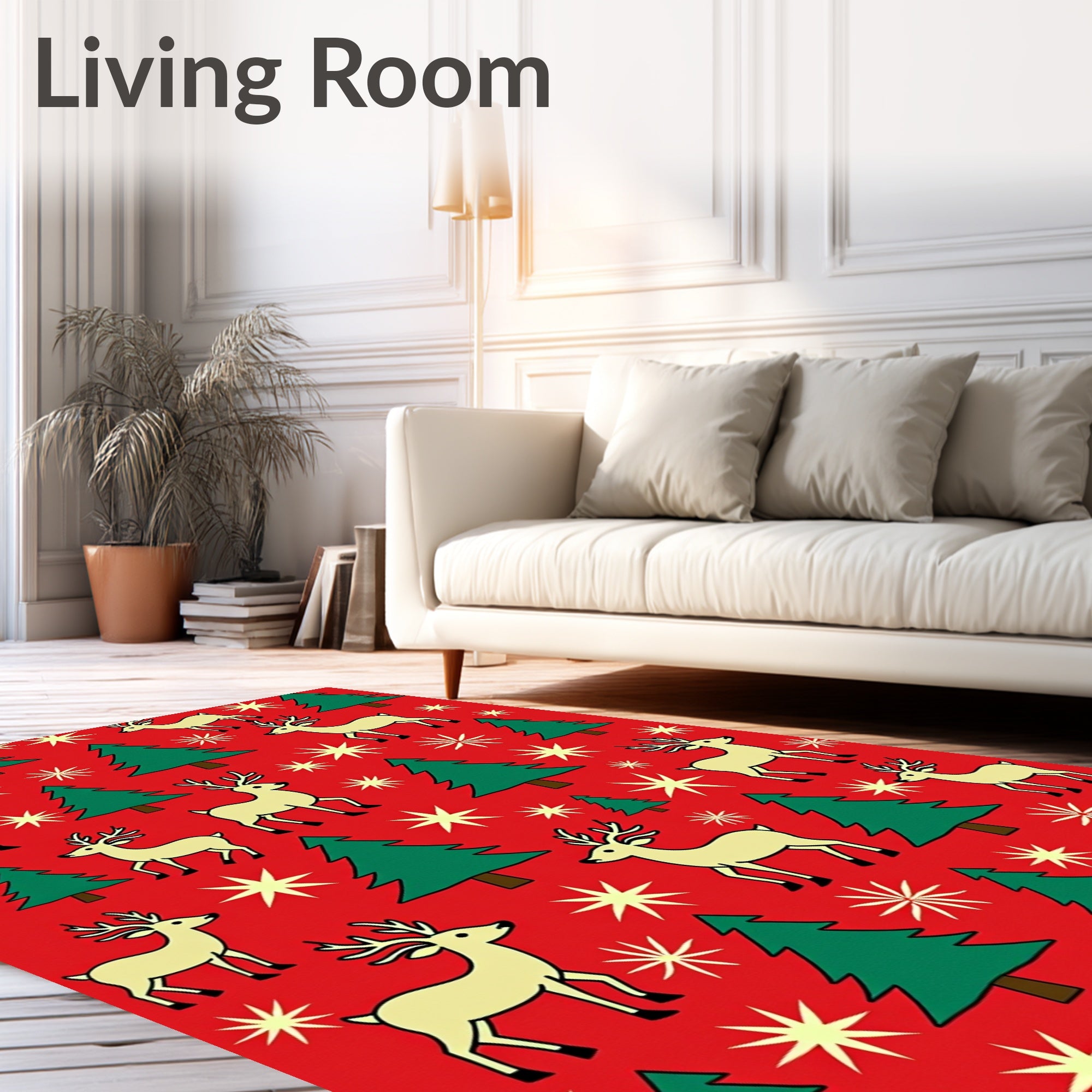 Red Reindeer Evergreen Starburst Christmas Rug