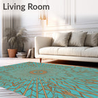 Abstract Teal Golden Sunburst Rug