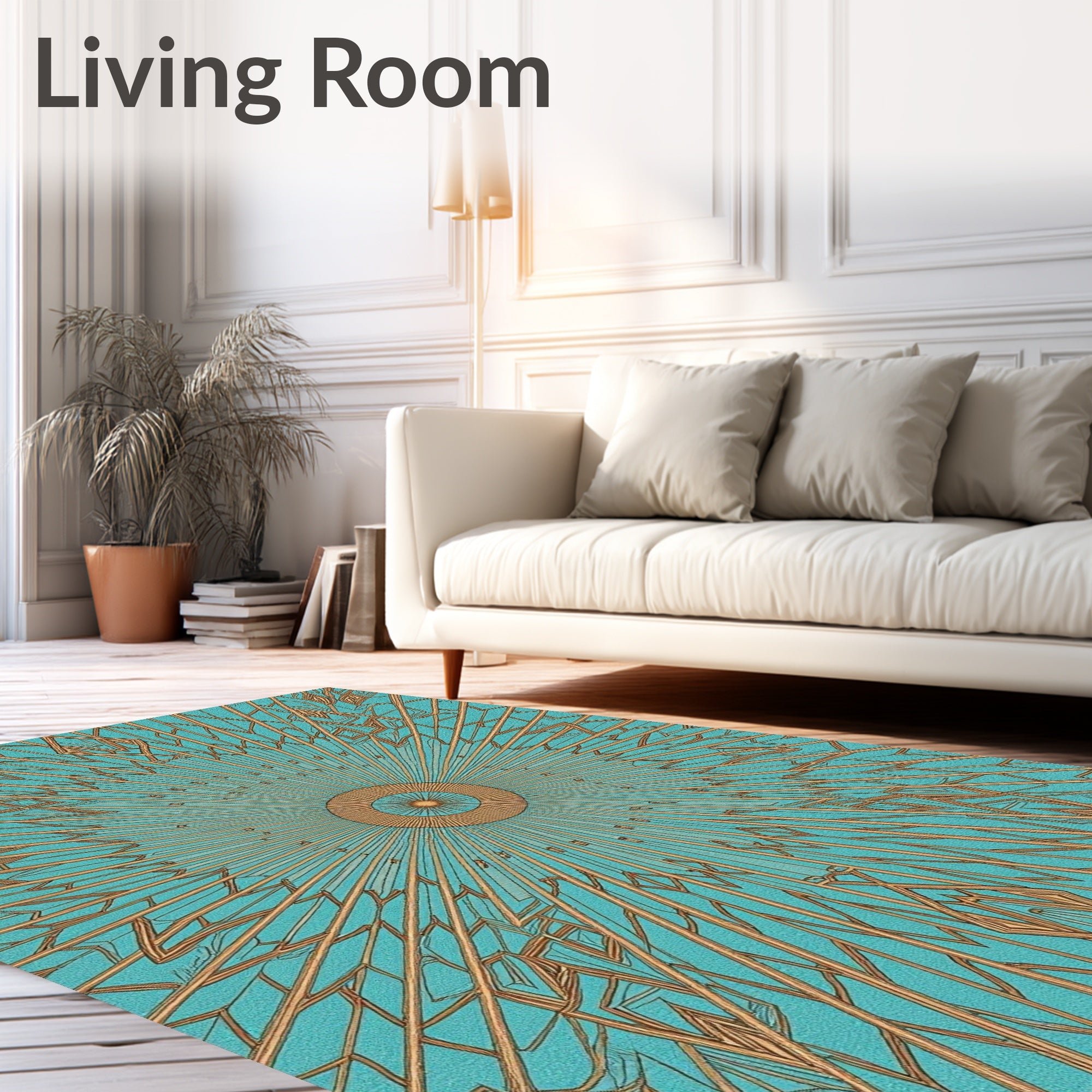 Abstract Teal Golden Sunburst Rug