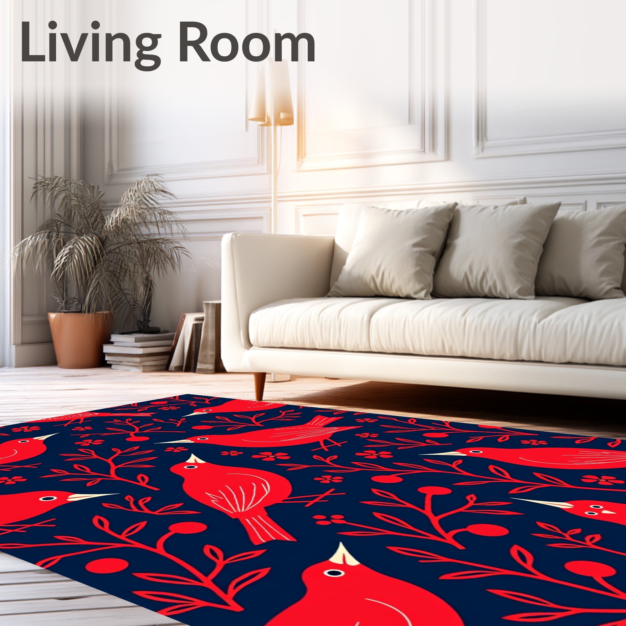 Vibrant Red Birds Blossom Blue Rug
