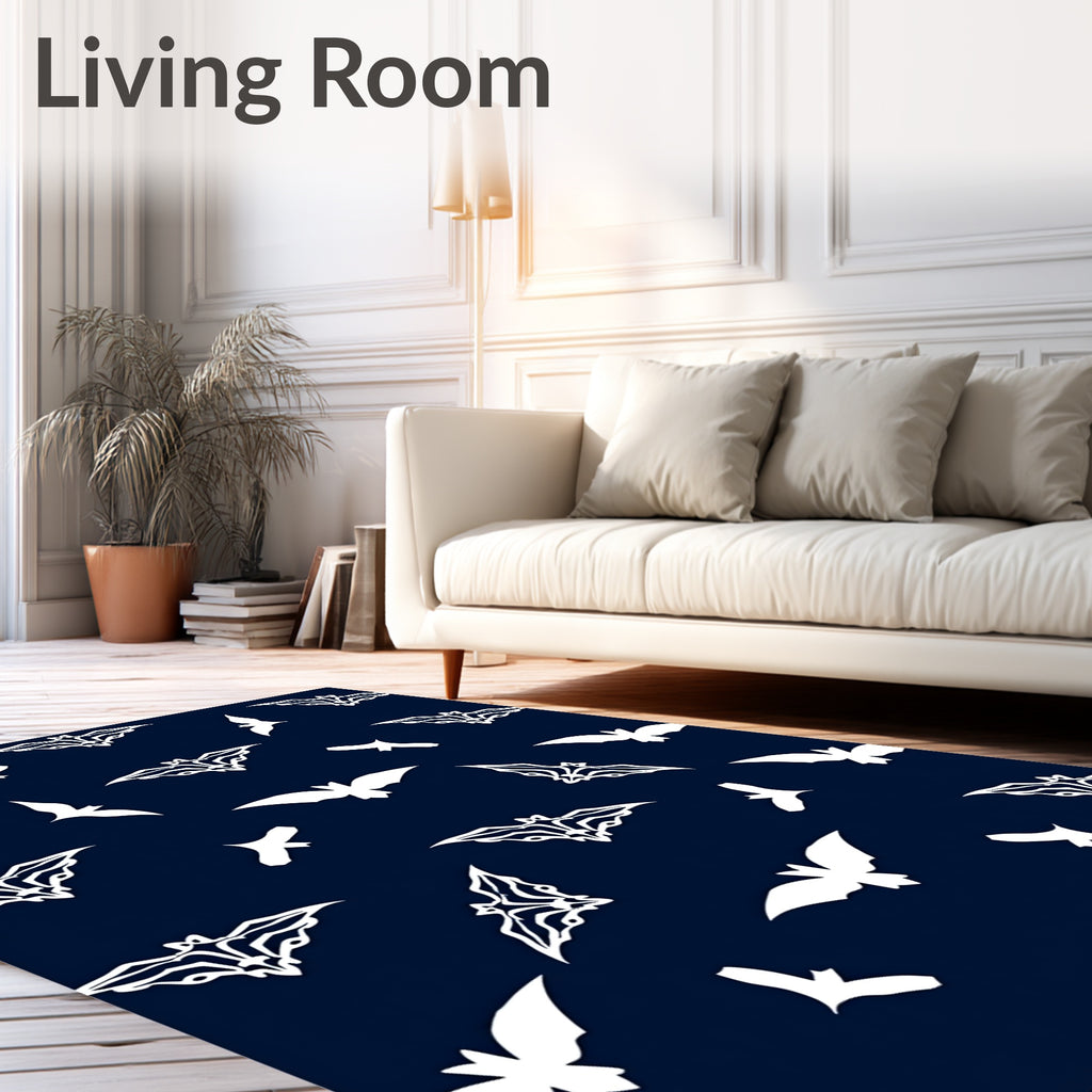 Dark Navy White Flying Bats Rug