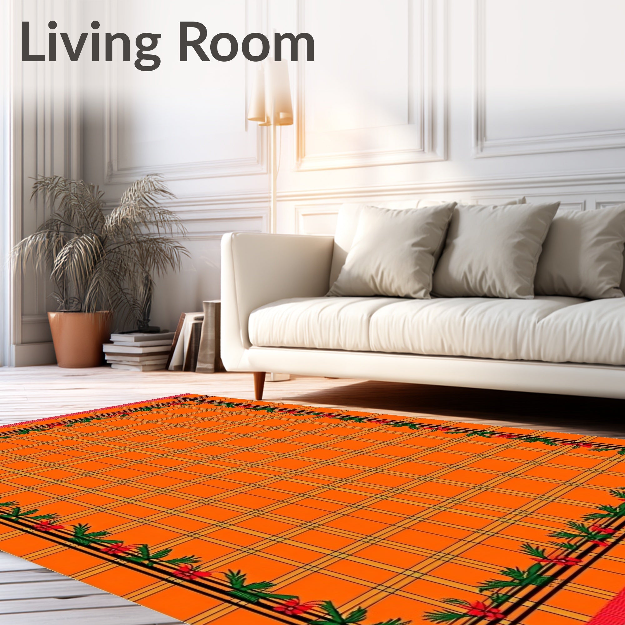 Orange Plaid Floral Border Rug