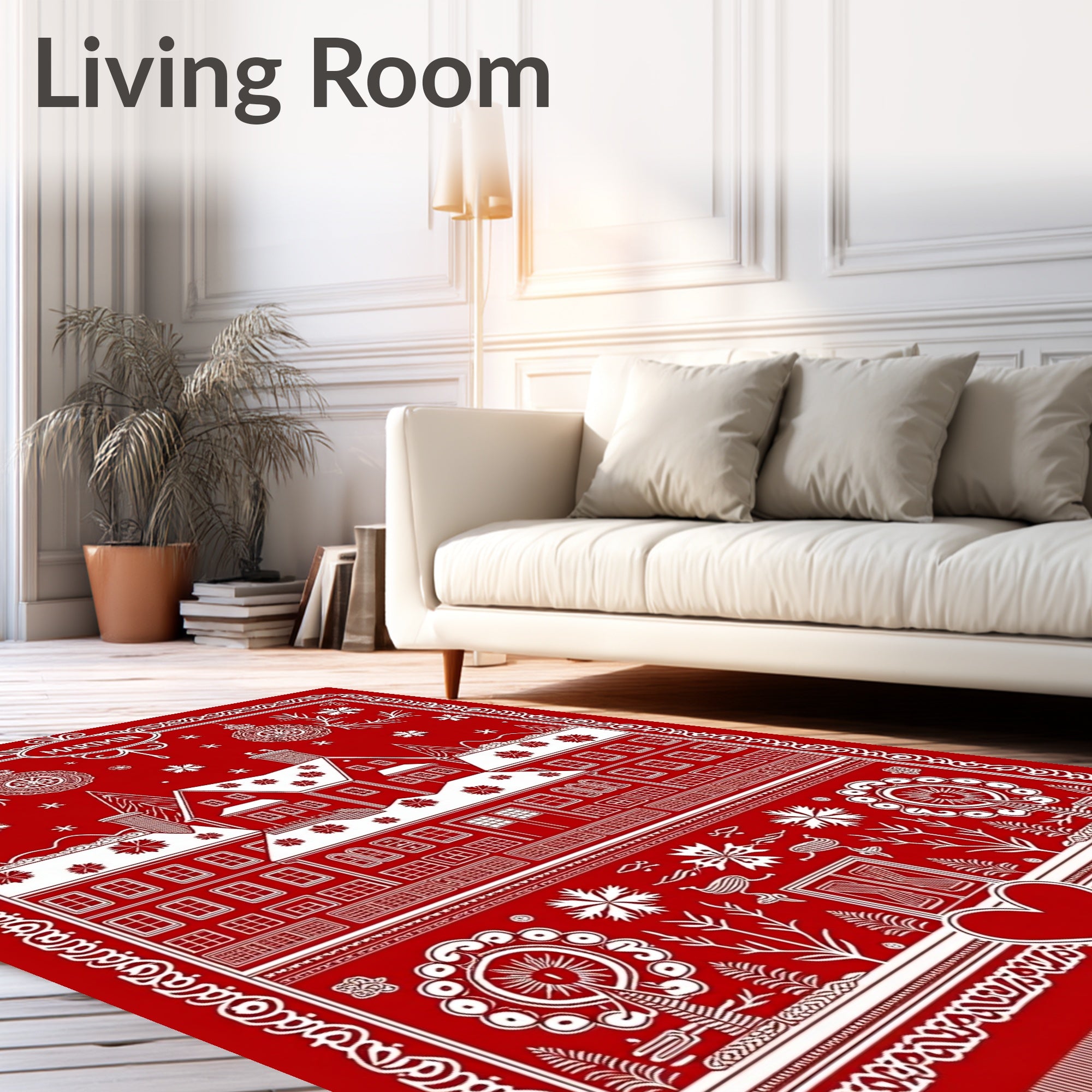 Red White Scandinavian Village Folk Art Rug