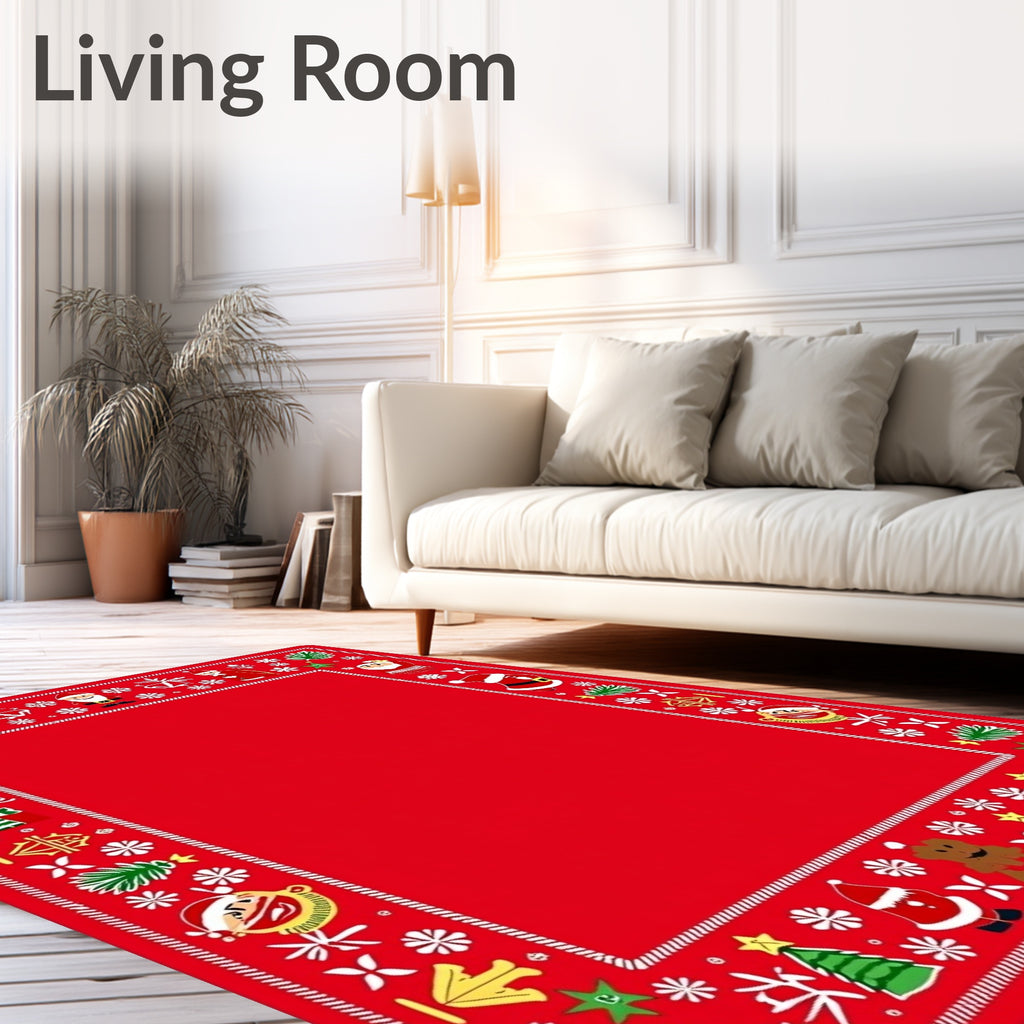 Festive Red Santa Snowflakes Christmas Border Rug