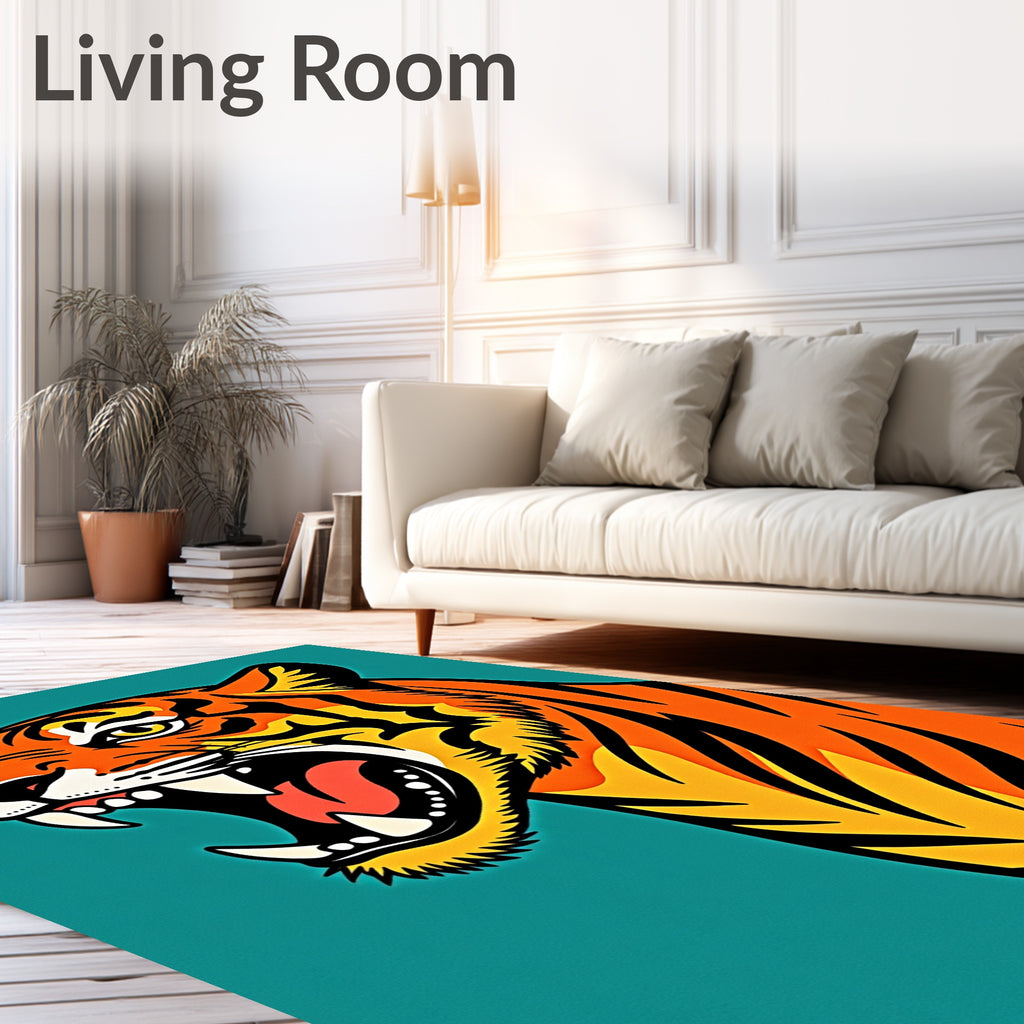 Bold Tiger Head Orange Black Teal Rug