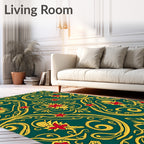 Emerald Green Floral Gold Swirl Accents Rug