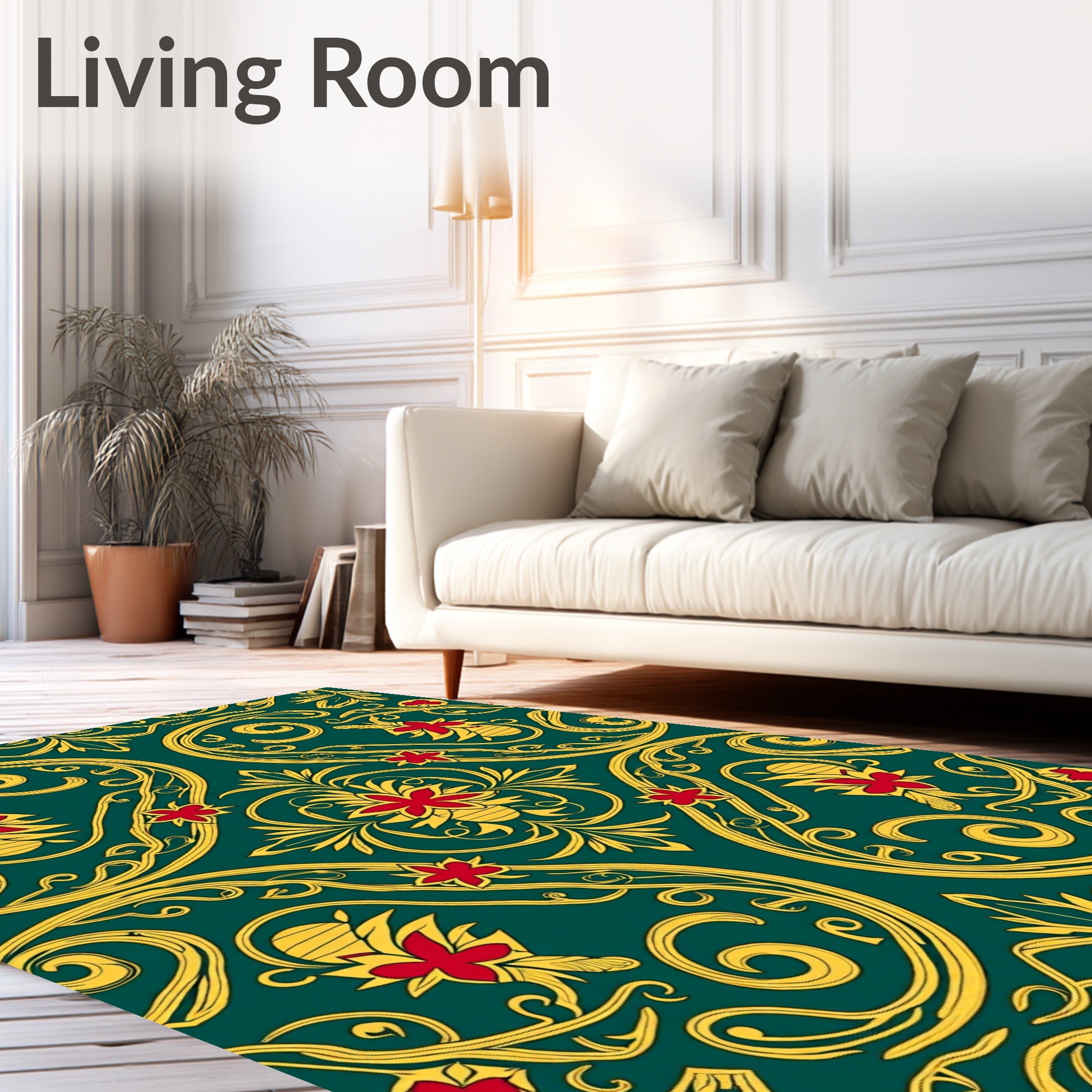 Emerald Green Floral Gold Swirl Accents Rug