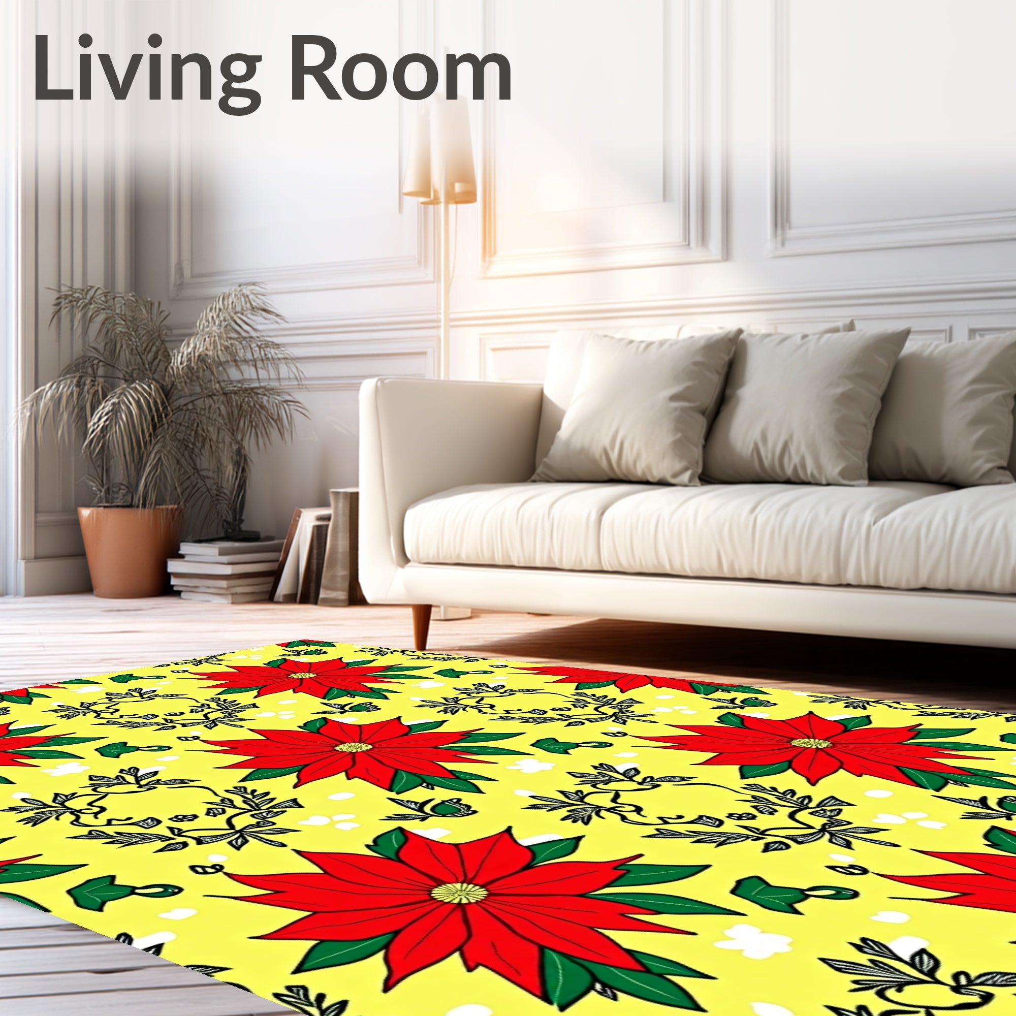 Red Poinsettia Yellow Floral Wreath Rug