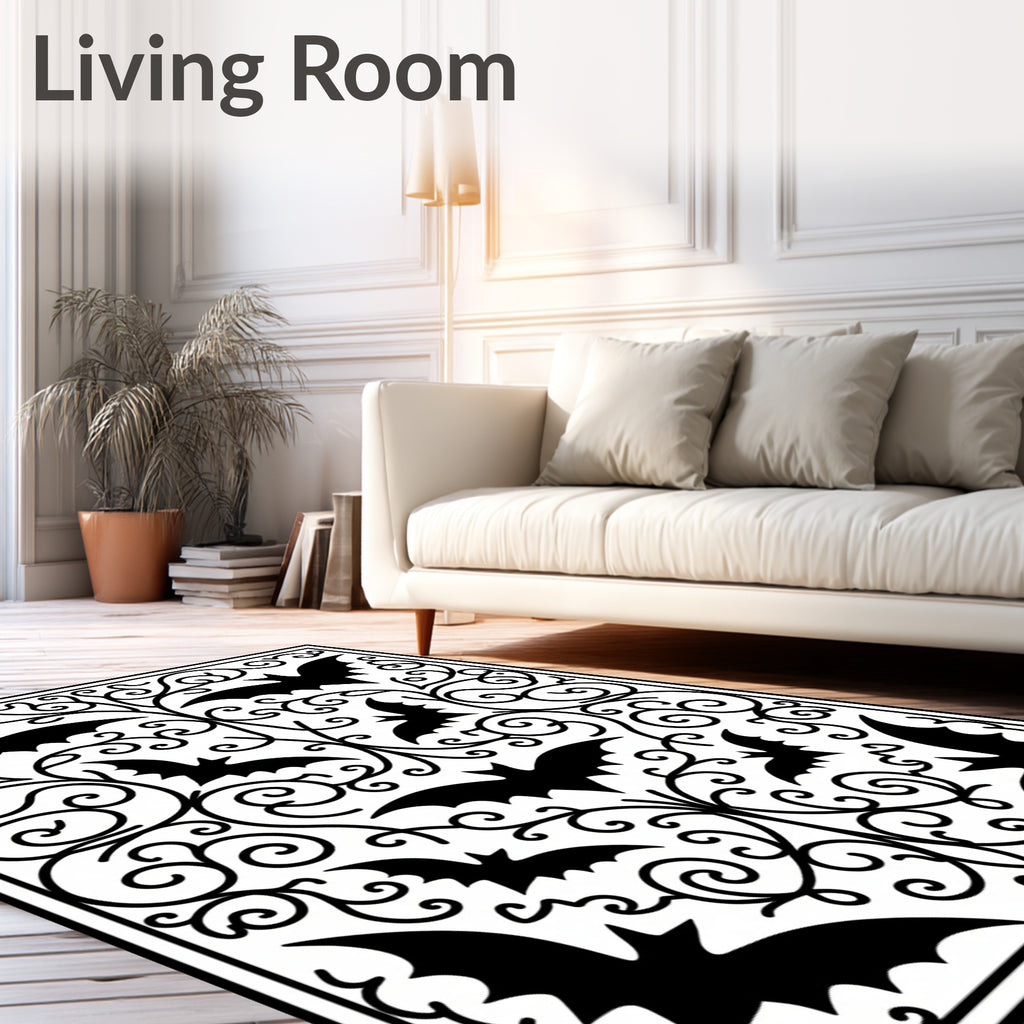 Black Flying Bats Swirling Vine Design Rug