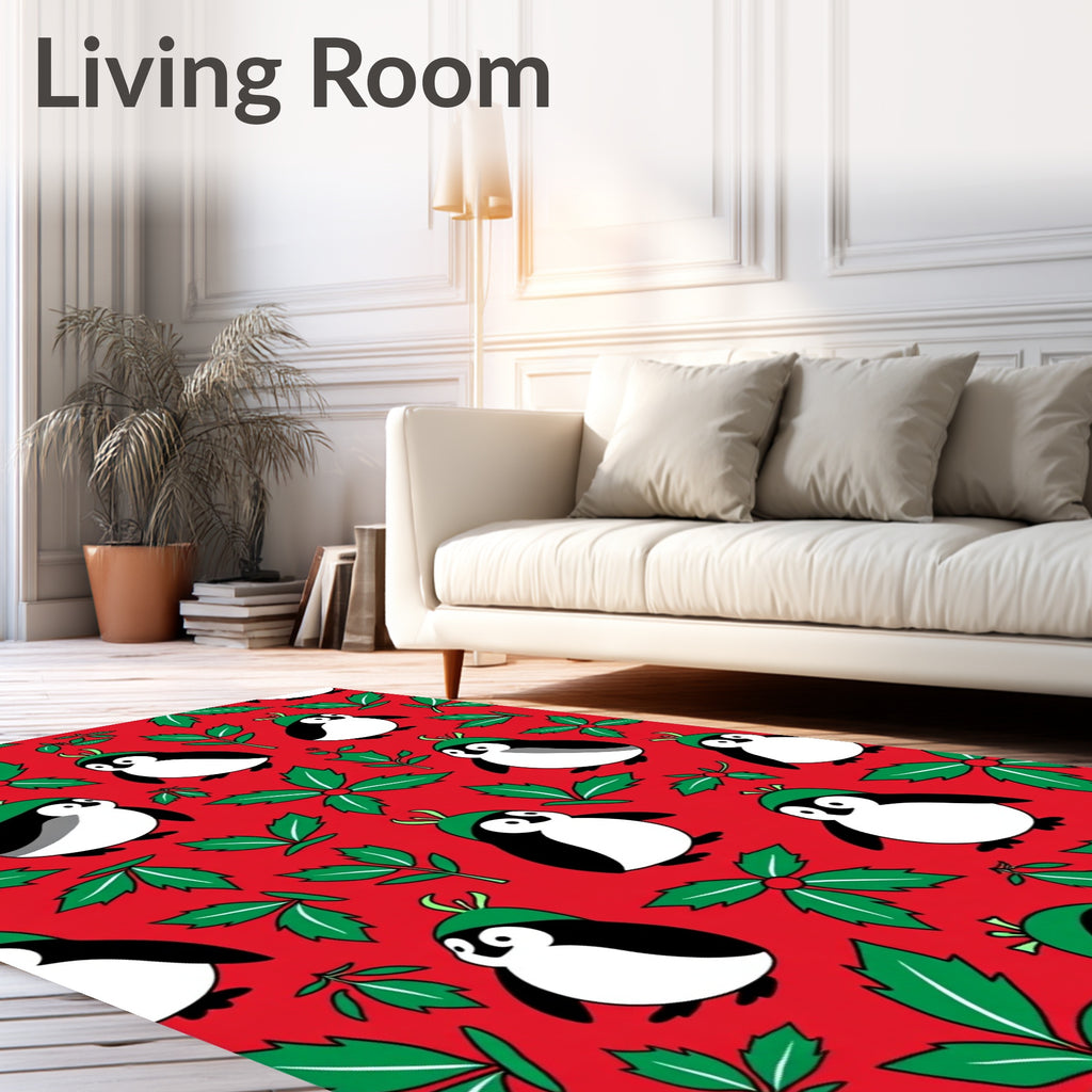 Cute Penguin Holly Holiday Red Rug