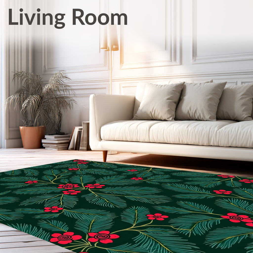 Deep Green Red Floral Leaf Botanical Rug
