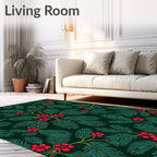 Deep Green Red Floral Leaf Botanical Rug