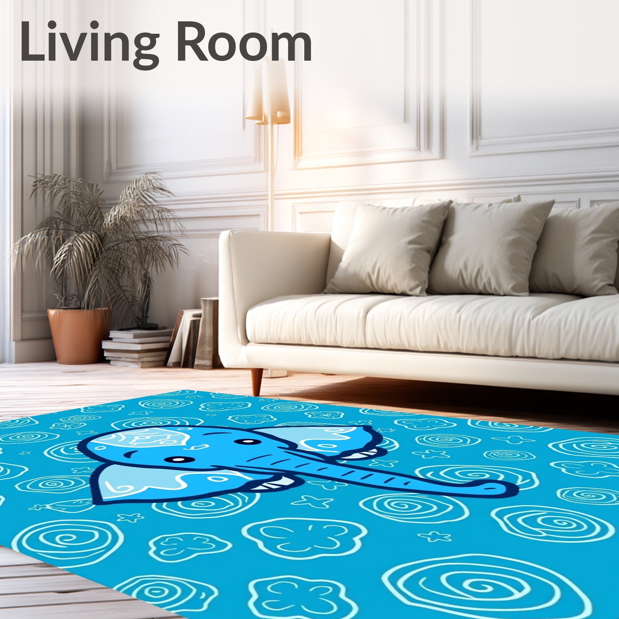 Cute Blue Elephant Swirls Rug