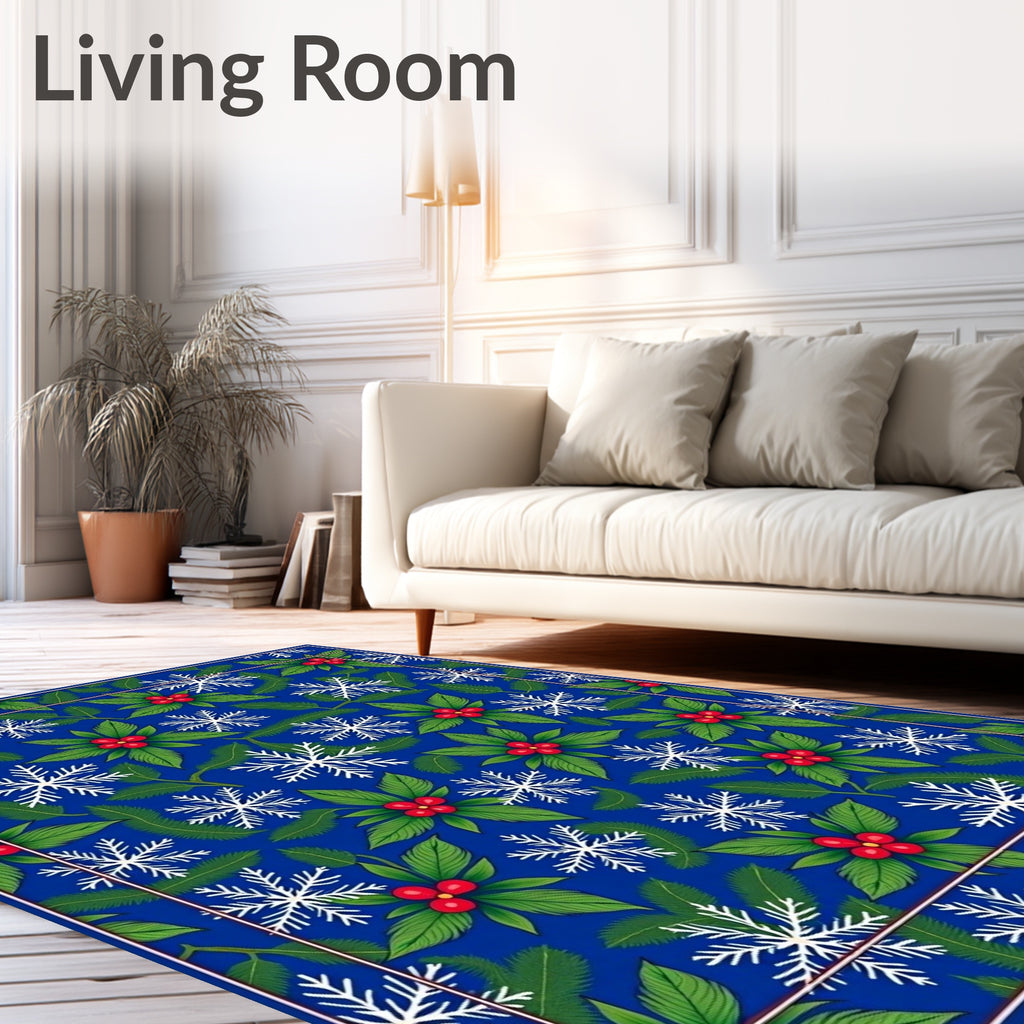 Festive Blue Holly Snowflake Border Rug