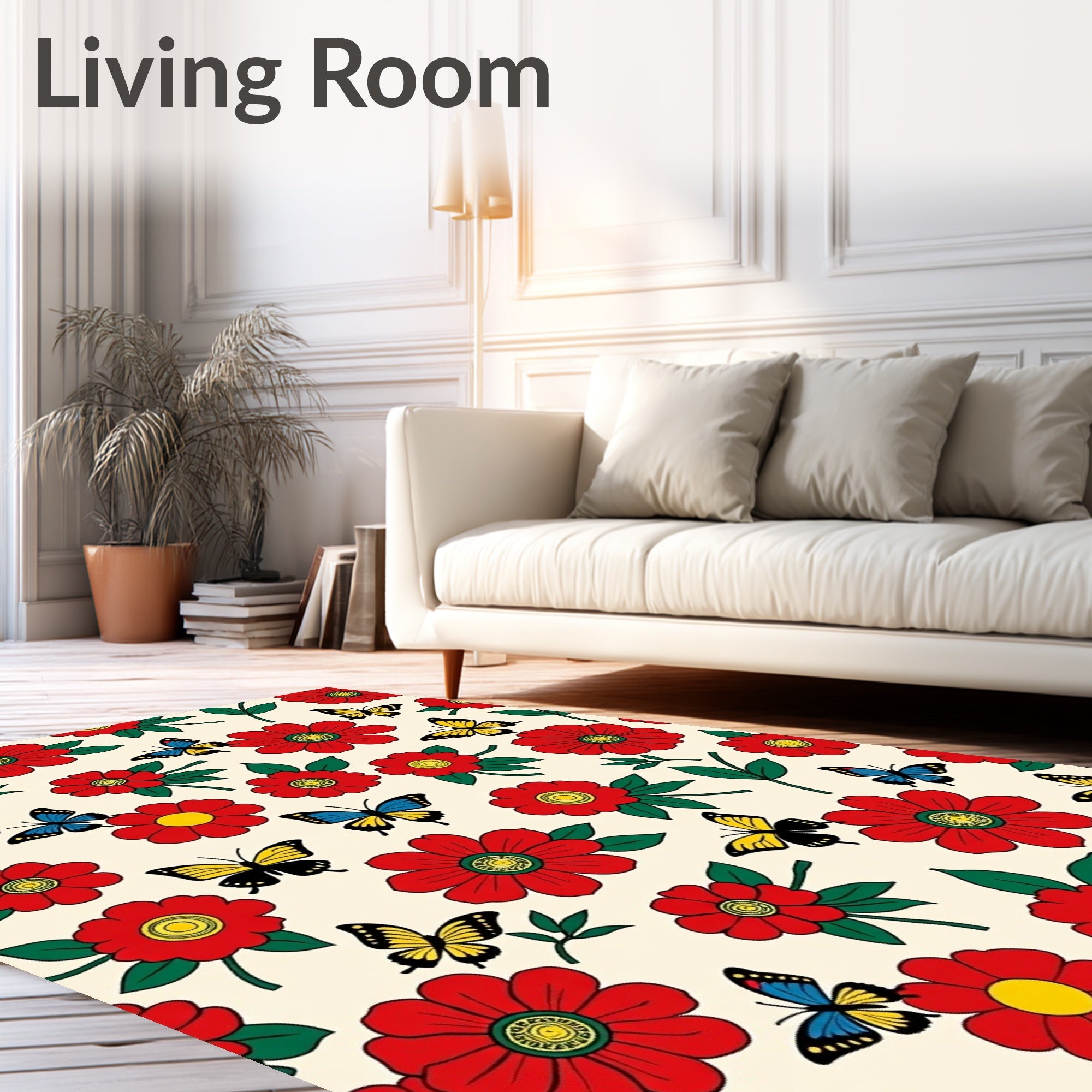 Red Flower Yellow Butterfly Garden Rug