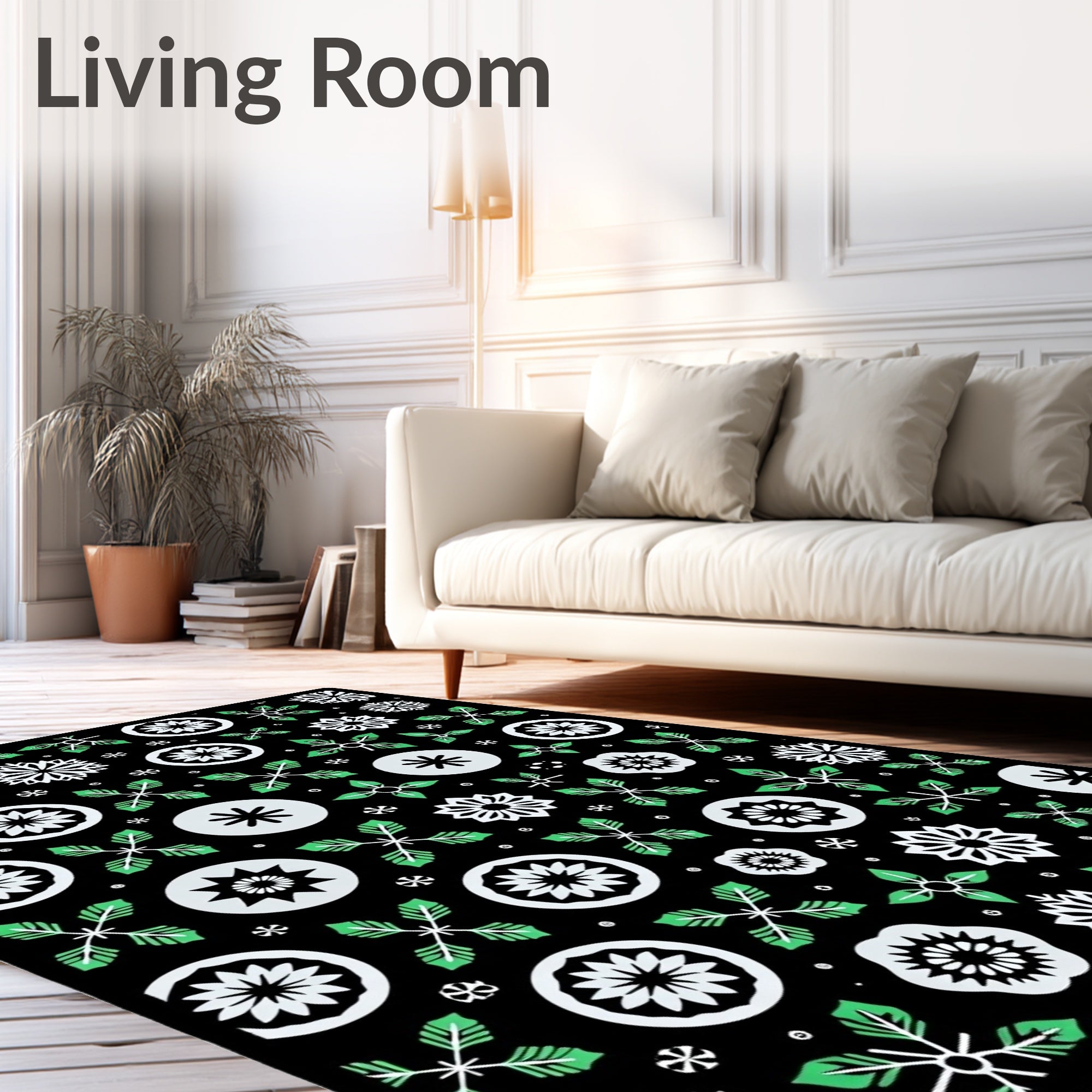 Black White Green Floral Snowflake Medallion Rug