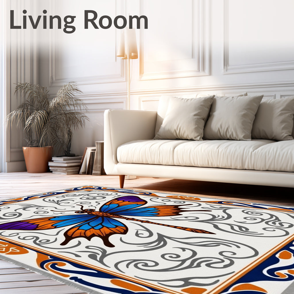 Vibrant Blue Orange Butterfly Scrollwork Rug