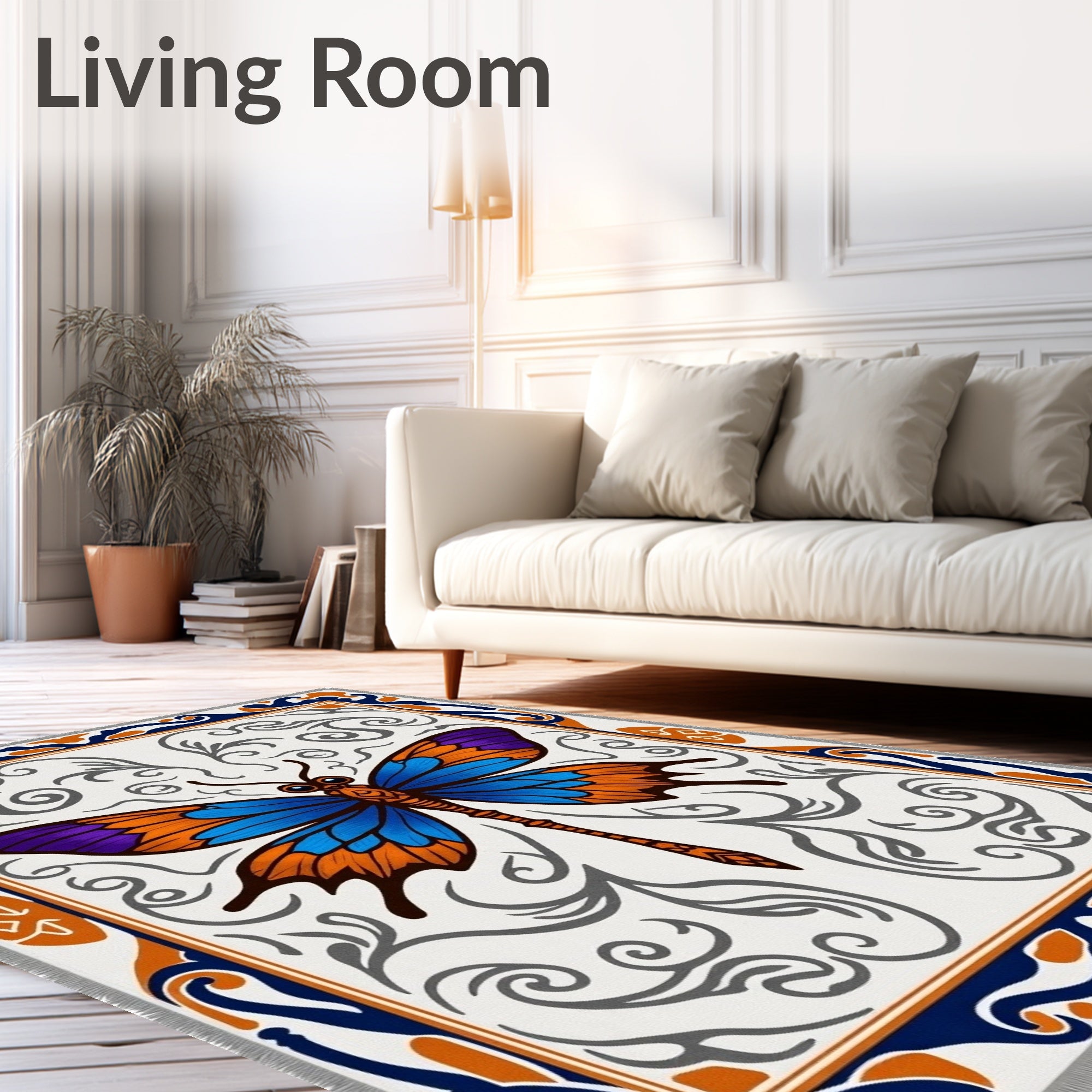 Vibrant Blue Orange Butterfly Scrollwork Rug