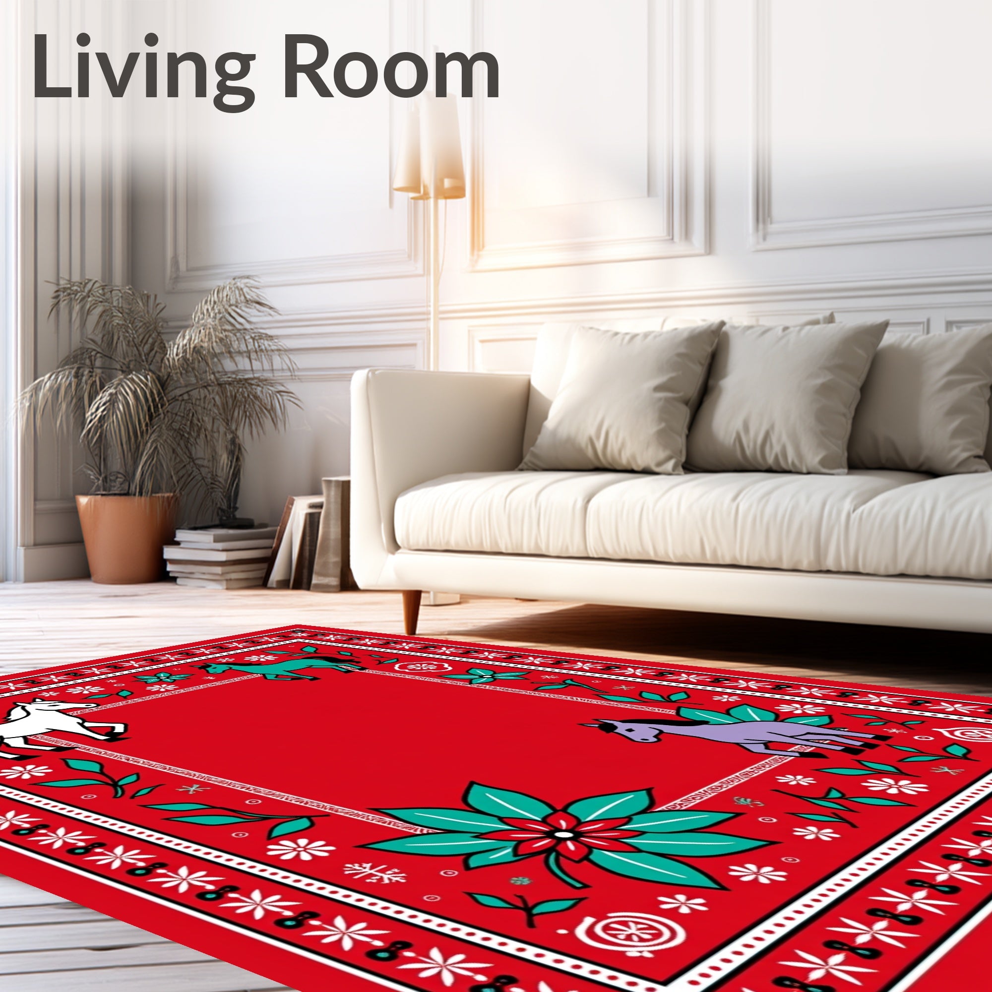 Vibrant Red Horse Floral Border Rug