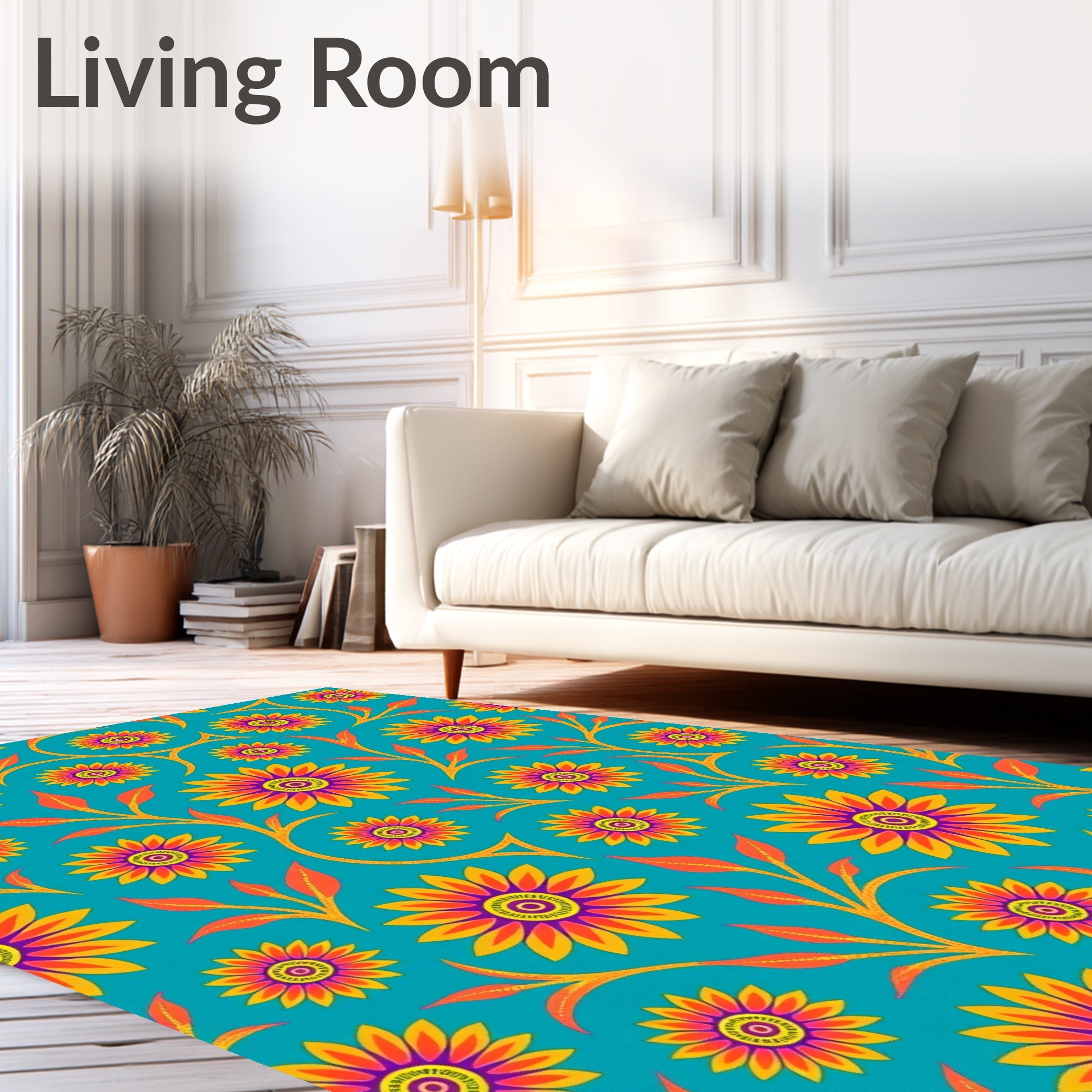 Vibrant Teal Sunflower Vine Rug