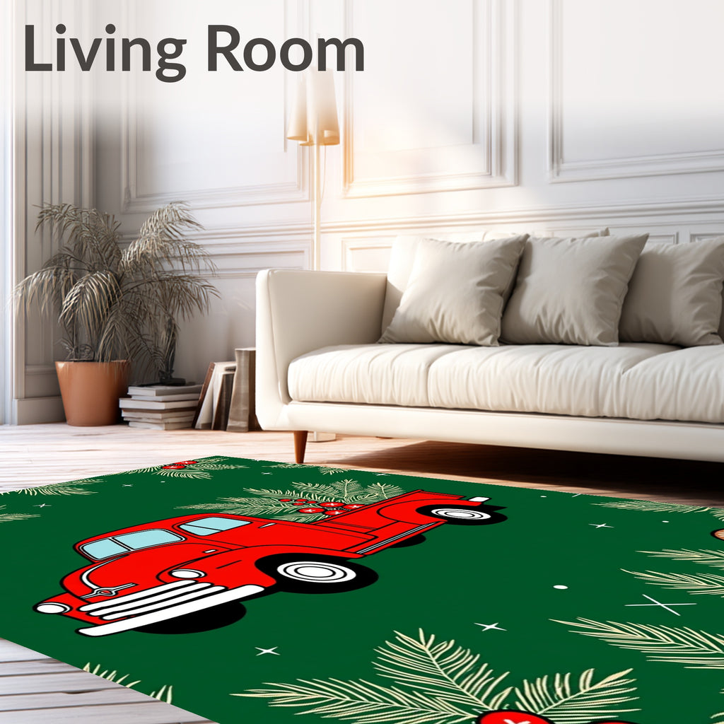 Vintage Red Truck Evergreen Scene Rug