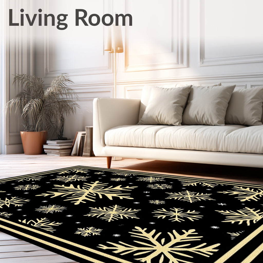 Golden Snowflake Black Winter Charm Rug