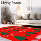 Festive Green Christmas Trees Red Background Rug