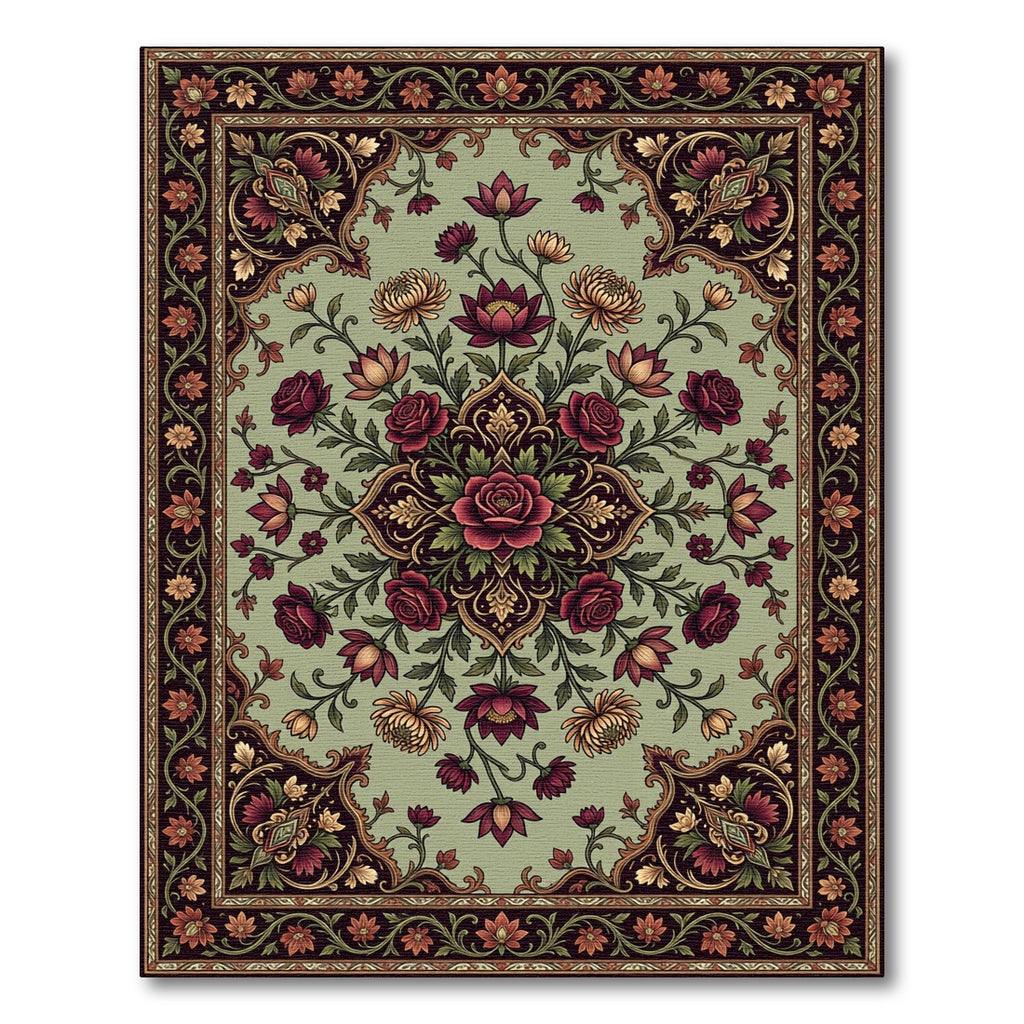 Vintage Sage Floral Medallion Rose Tapestry Rug