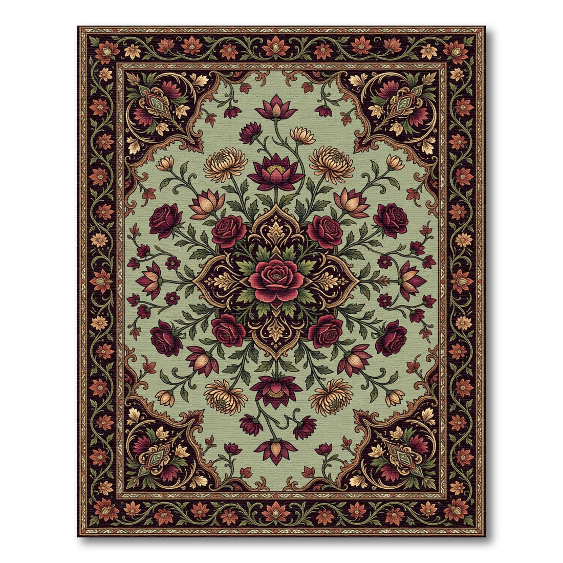 Vintage Sage Floral Medallion Rose Tapestry Rug