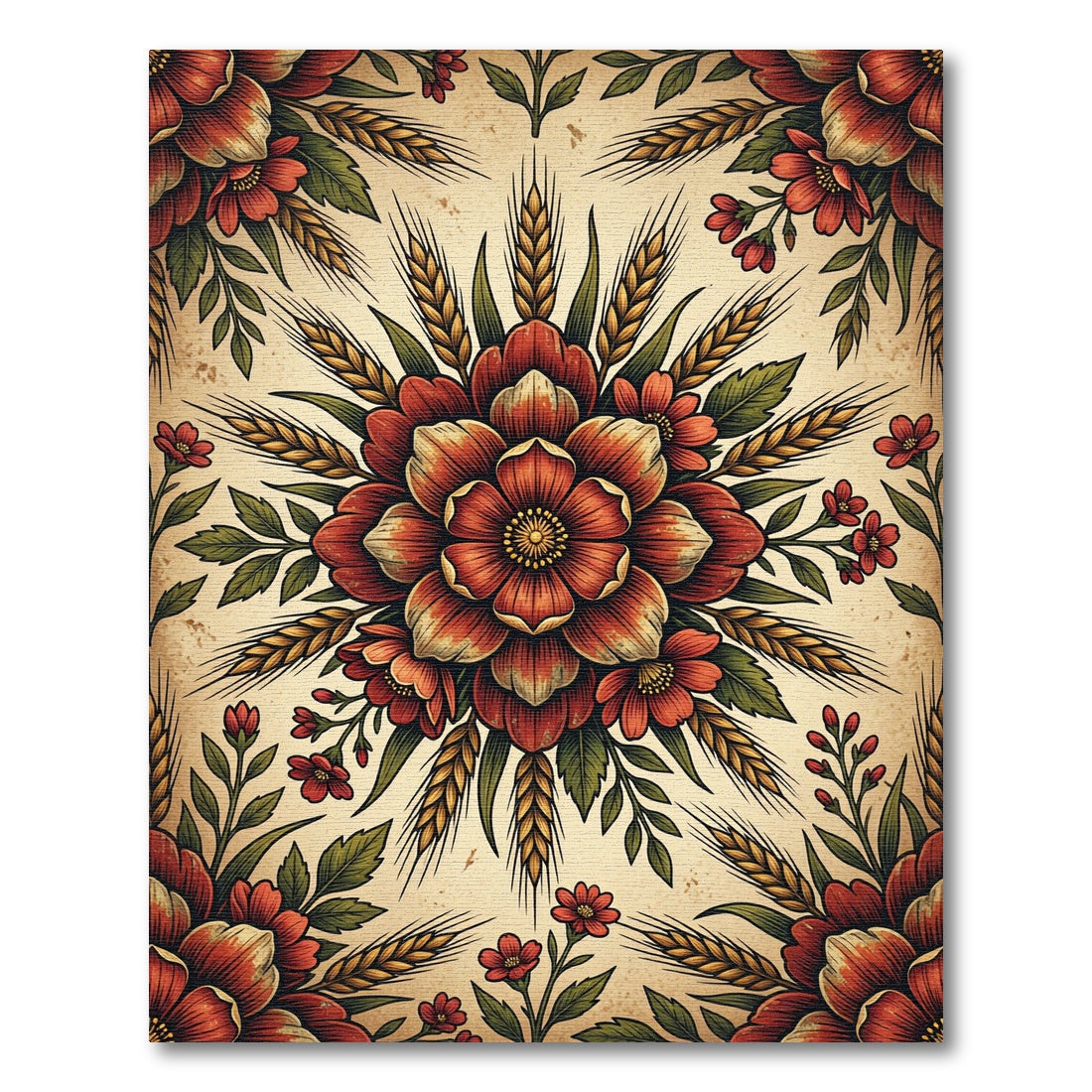 Vintage Rustic Wheat and Floral Medallion Rug
