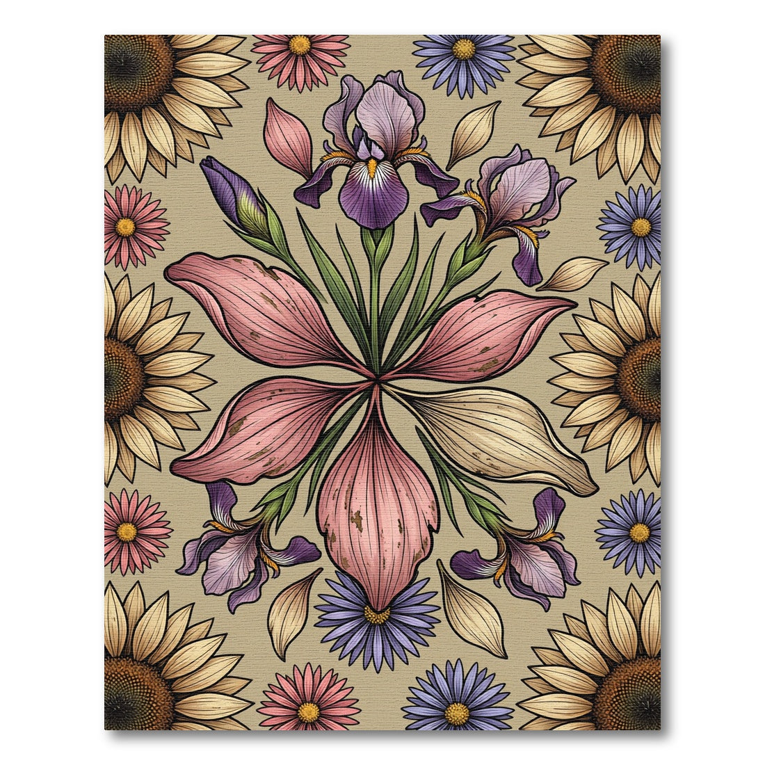 Floral Iris Sunflower Garden Medley Rug