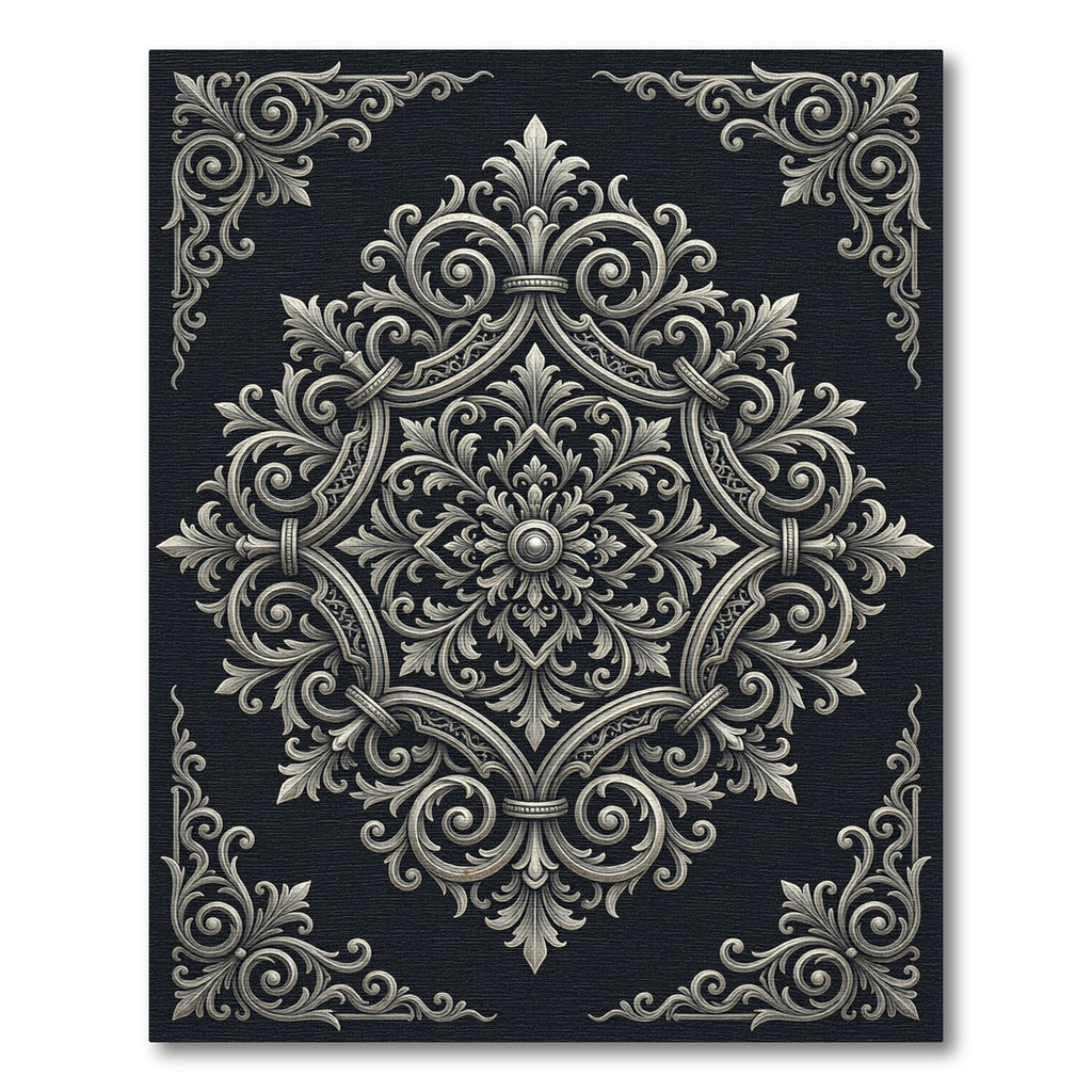 Ornate Silver Baroque Filigree Medallion Rug