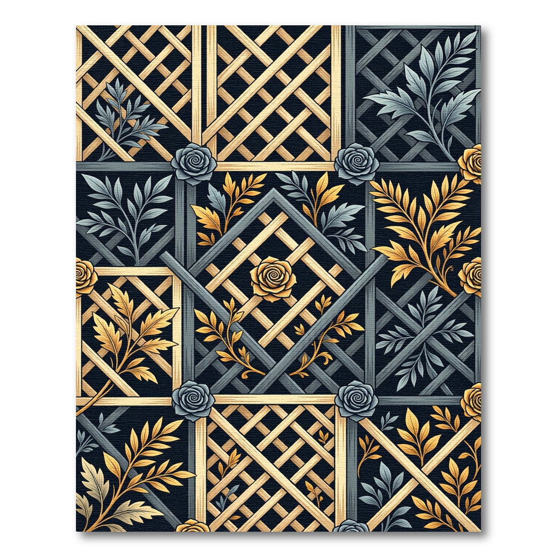 Gray Gold Lattice Rose Florals Rug