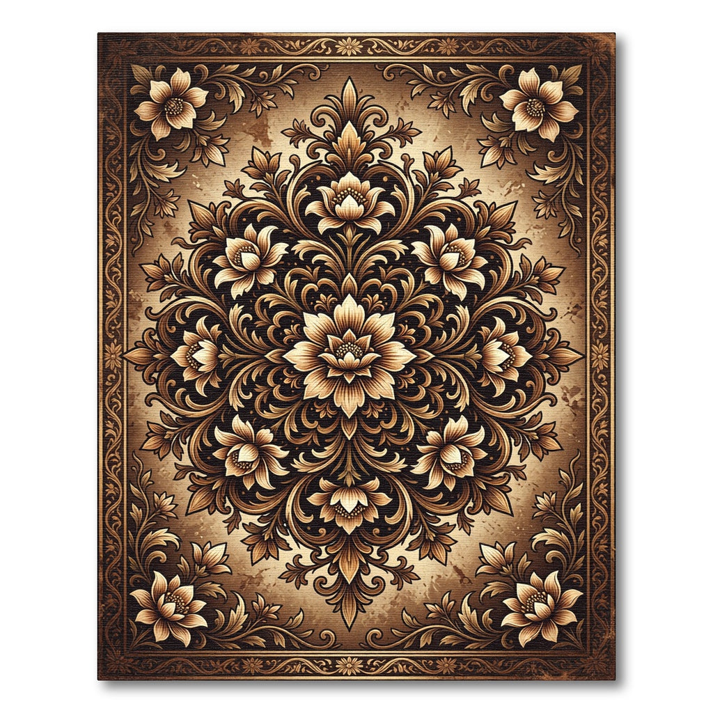 Ornate Golden Floral Damask Medallion Rug