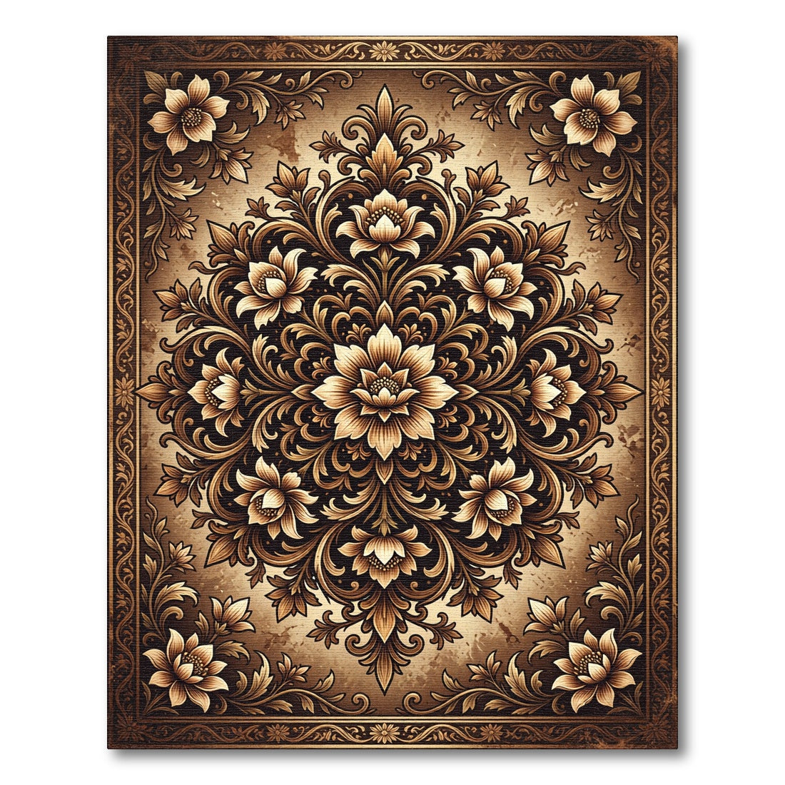Ornate Golden Floral Damask Medallion Rug