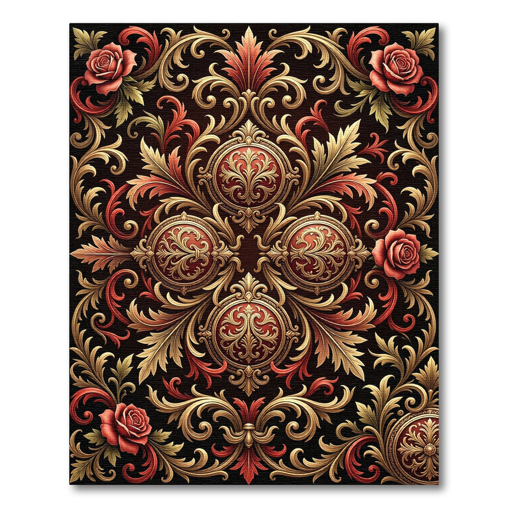 Ornate Gold Red Rose Scrollwork Rug