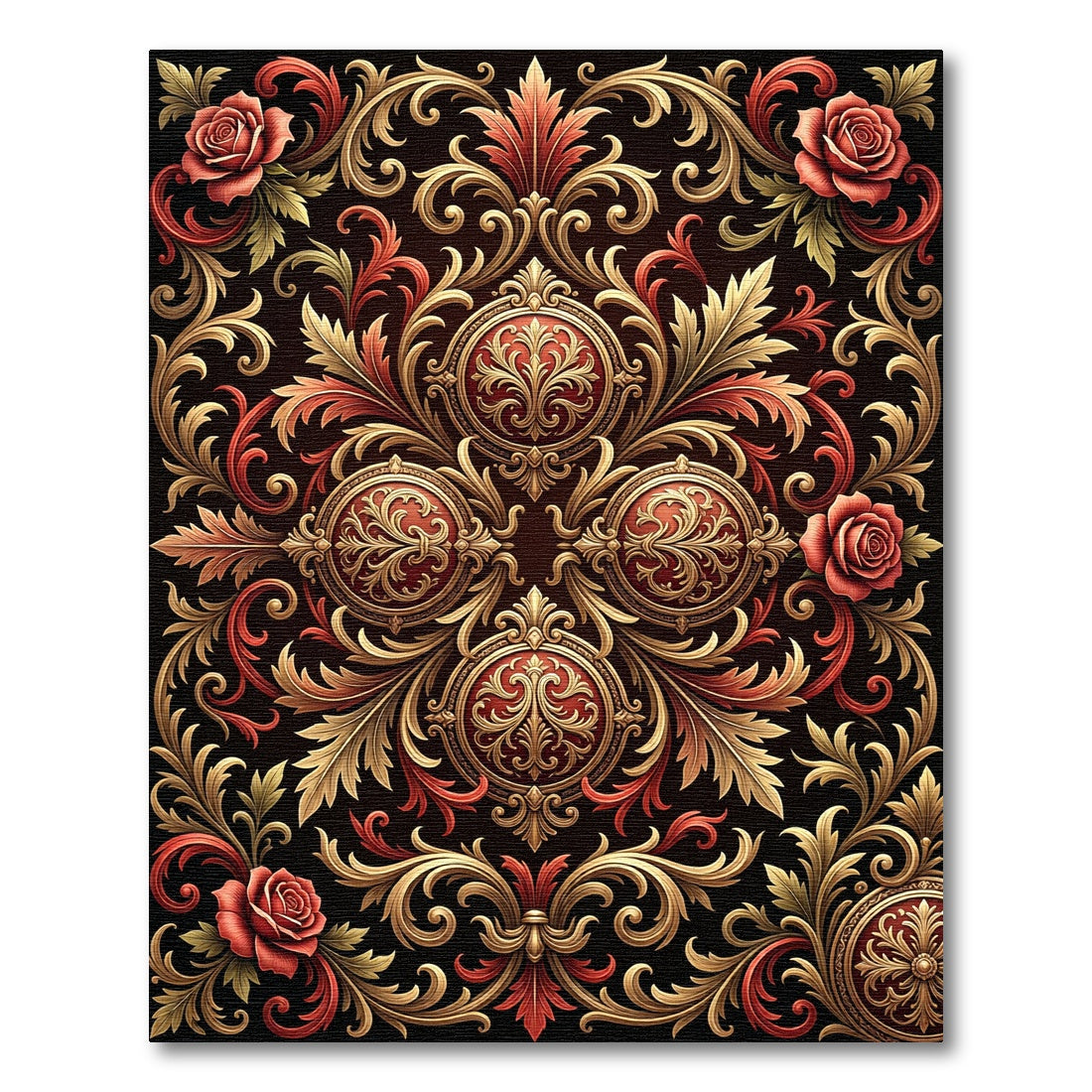 Ornate Gold Red Rose Scrollwork Rug