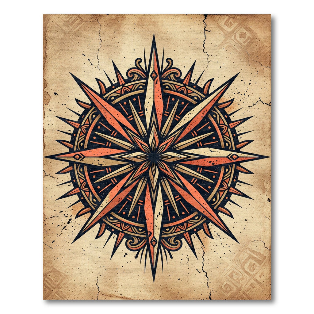 Vintage Compass Rose Copper Ochre Medallion Rug
