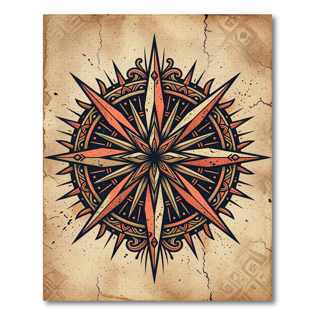 Vintage Compass Rose Copper Ochre Medallion Rug