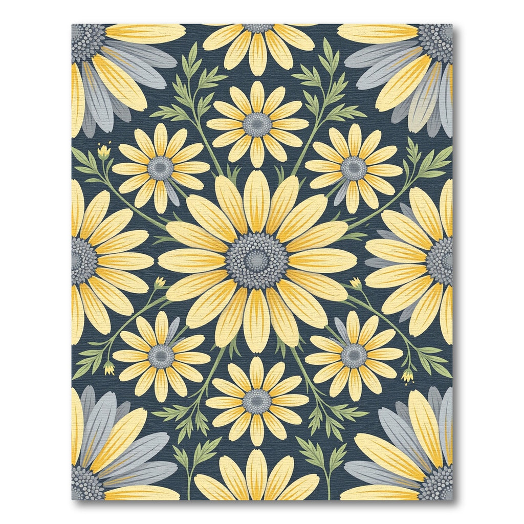 Sunny Yellow Daisy Floral Navy Medallion Rug