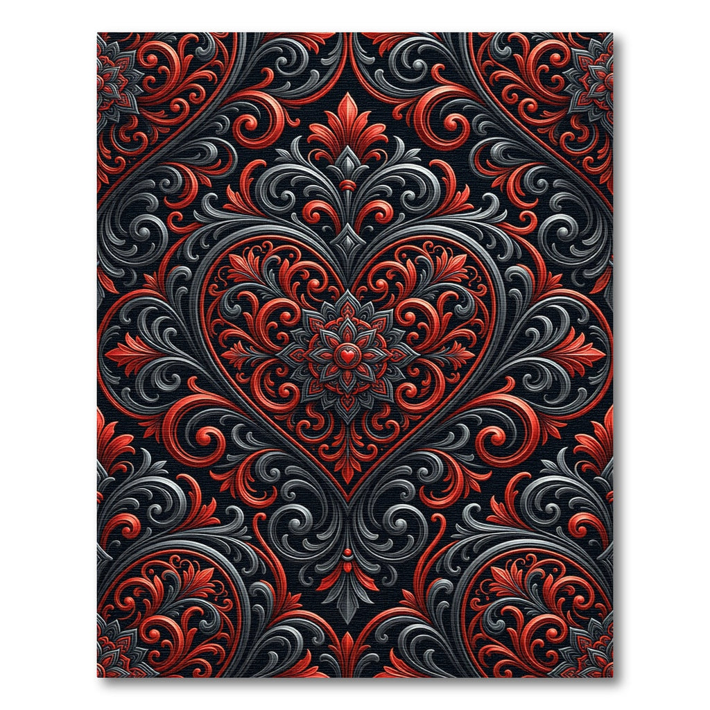 Red Gray Black Heart Scrollwork Rug